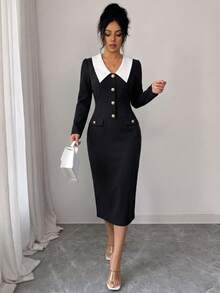 Selianne Contrast Collar Button Front Bodycon Dress - Black and White - View 8