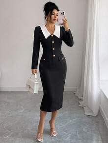 Selianne Contrast Collar Button Front Bodycon Dress - Black and White - View 7