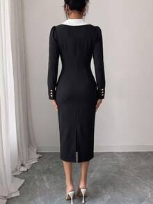 Selianne Contrast Collar Button Front Bodycon Dress - Black and White - View 2