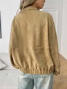 Elyressa Women's Vintage Lapel Casual Commute Suede Jacket, Suitable For Autumn/Winter, Daily Shopping, Coffee Shop Visits, Short Trips, Commuting And School; - Khaki - View 2