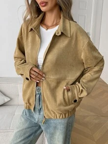 Elyressa Women's Vintage Lapel Casual Commute Suede Jacket, Suitable For Autumn/Winter, Daily Shopping, Coffee Shop Visits, Short Trips, Commuting And School; - Khaki - View 3