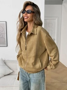 Elyressa Women's Vintage Lapel Casual Commute Suede Jacket, Suitable For Autumn/Winter, Daily Shopping, Coffee Shop Visits, Short Trips, Commuting And School; - Khaki - View 7