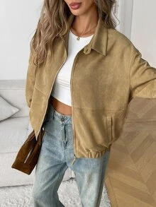 Elyressa Women's Vintage Lapel Casual Commute Suede Jacket, Suitable For Autumn/Winter, Daily Shopping, Coffee Shop Visits, Short Trips, Commuting And School; - Khaki - View 6