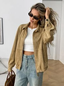 Elyressa Women's Vintage Lapel Casual Commute Suede Jacket, Suitable For Autumn/Winter, Daily Shopping, Coffee Shop Visits, Short Trips, Commuting And School; - Khaki - View 4