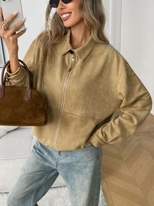 Elyressa Women's Vintage Lapel Casual Commute Suede Jacket, Suitable For Autumn/Winter, Daily Shopping, Coffee Shop Visits, Short Trips, Commuting And School; - Khaki - View 5