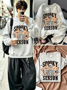 Resyla Men 復古萬聖節骷髏衛衣 恐怖季節秋季穿搭 幽靈與南瓜圖案 街頭風 海灘度假 淺灰色 - 灰色 - 查看 2