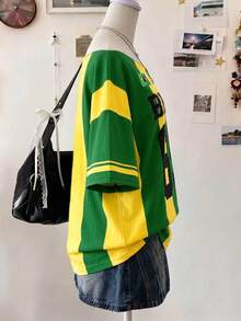Lalippa Women's Numeric Print Loose Casual Y2k Sreetwear Short Sleeve T-Shirt Green And Yellow Summer Travel - Black - View 3