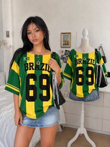Lalippa Women's Numeric Print Loose Casual Y2k Sreetwear Short Sleeve T-Shirt Green And Yellow Summer Travel - Black - View 1
