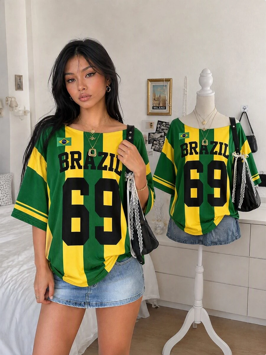 Lalippa Women's Numeric Print Loose Casual Y2k Sreetwear Short Sleeve T-Shirt Green And Yellow Summer Travel - Black - View 1
