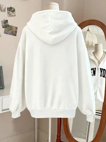 Lalippa 女士字母印花落肩长袖拉链休闲卫衣，秋冬款 - 白色 - 查看 2