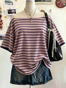 Lalippa Kaos Wanita Lengan Pendek Bergaris Model Off-Shoulder Kasual Longgar - Putih - View 4