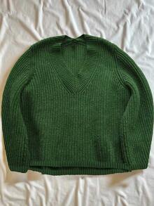 Lalippa Women's V-Neck Dropped Shoulder Long Sleeve Ribbed Casual Loose Knit Sweater - Dark Green - View 3
