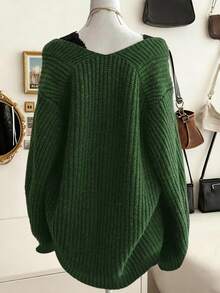 Lalippa Women's V-Neck Dropped Shoulder Long Sleeve Ribbed Casual Loose Knit Sweater - Dark Green - View 2