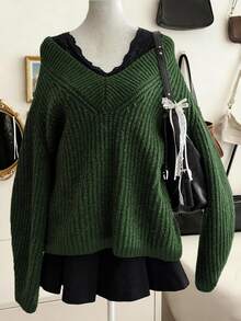 Lalippa Women's V-Neck Dropped Shoulder Long Sleeve Ribbed Casual Loose Knit Sweater - Dark Green - View 4