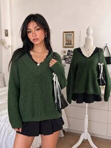 Lalippa Women's V-Neck Dropped Shoulder Long Sleeve Ribbed Casual Loose Knit Sweater - Dark Green - View 1