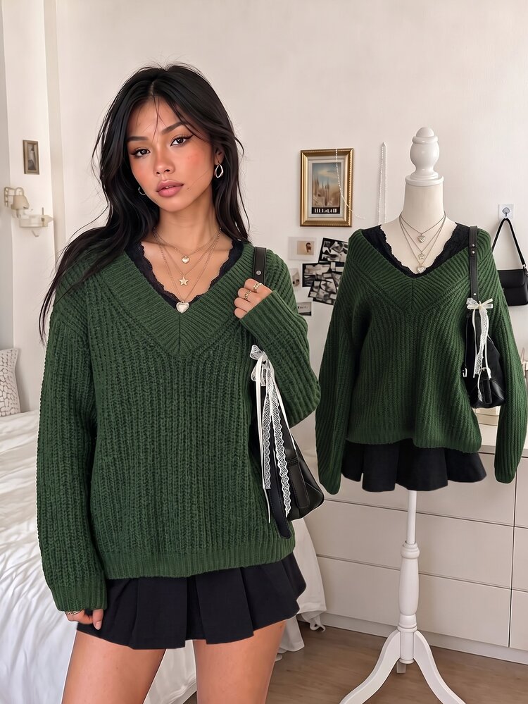 Lalippa Women's V-Neck Dropped Shoulder Long Sleeve Ribbed Casual Loose Knit Sweater - Dark Green - View 1