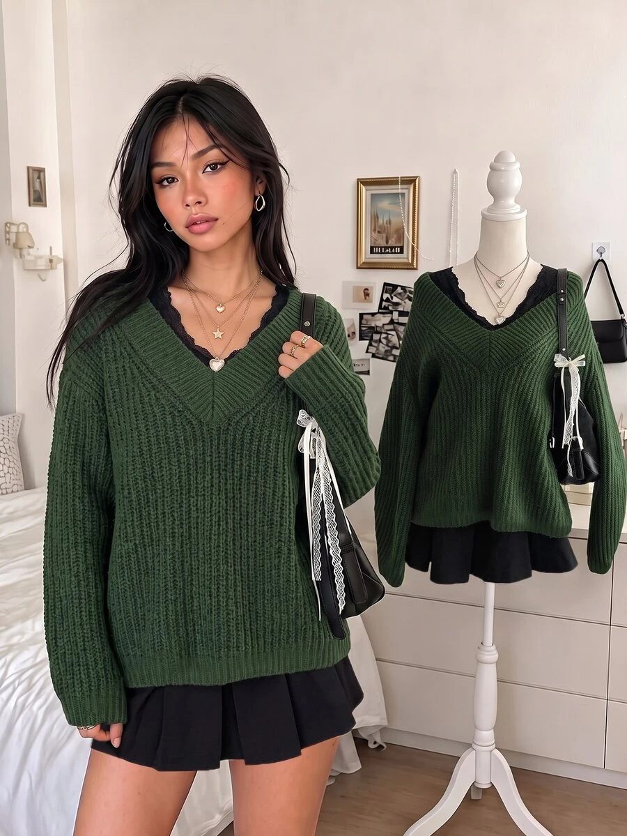 Lalippa Women's V-Neck Dropped Shoulder Long Sleeve Ribbed Casual Loose Knit Sweater - Dark Green - View 1