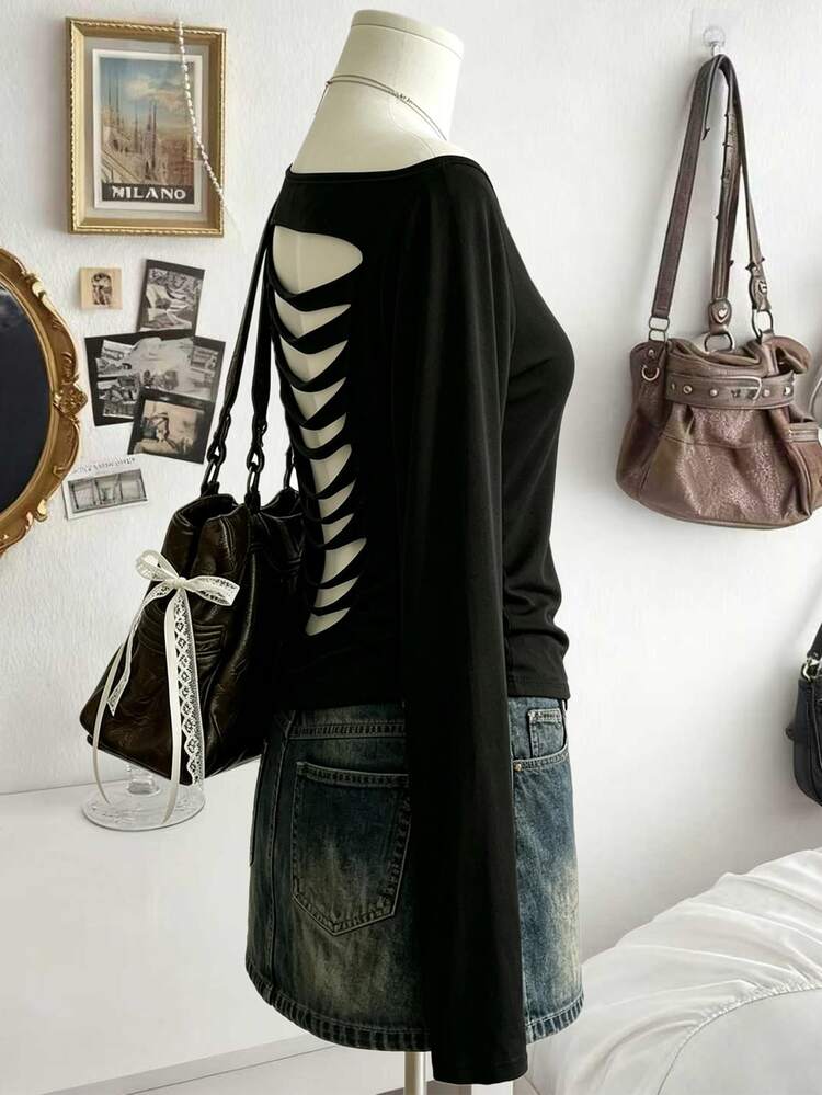 Lalippa Top de moda sexy de unicolor con escote asimétrico y espalda descubierta para Halloween, noche y salidas, negro, verano - Negro - Añade 3