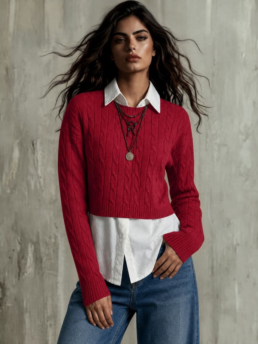 Calvaya 1 buah Sweater Rajut Kasual Lengan Panjang Leher Bulat Polos Wanita Musim Gugur Musim Dingin - Merah - View 1