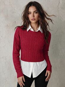 Calvaya 1 buah Sweater Rajut Kasual Lengan Panjang Leher Bulat Polos Wanita Musim Gugur Musim Dingin - Merah - View 3