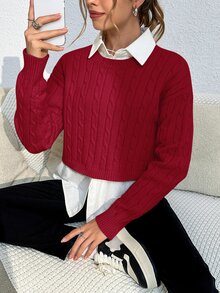 Calvaya 1 buah Sweater Rajut Kasual Lengan Panjang Leher Bulat Polos Wanita Musim Gugur Musim Dingin - Merah - View 4