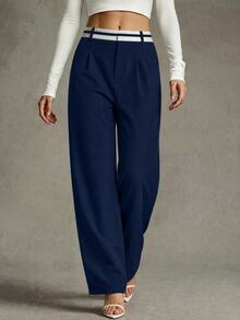 Calvaya Women's Casual Versatile Colorblock Waist Straight Leg Pants Fall Cloth For Women - Navy Blue - View 3
