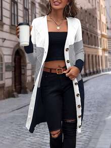 EMERY ROSE Color Block Dual Pocket Button Front Cardigan,Long Sleeve Tops Fall Winter Cloth For Women - Multicolor - View 6