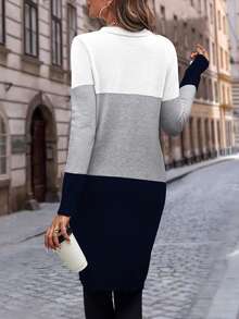 EMERY ROSE Color Block Dual Pocket Button Front Cardigan,Long Sleeve Tops Fall Winter Cloth For Women - Multicolor - View 2