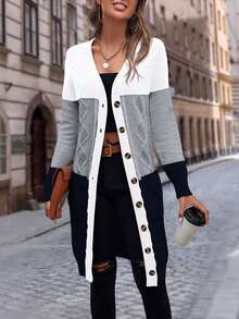 EMERY ROSE Color Block Dual Pocket Button Front Cardigan,Long Sleeve Tops Fall Winter Cloth For Women - Multicolor - View 5