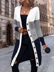EMERY ROSE Color Block Dual Pocket Button Front Cardigan,Long Sleeve Tops Fall Winter Cloth For Women - Multicolor - View 4