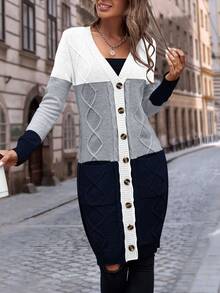EMERY ROSE Color Block Dual Pocket Button Front Cardigan,Long Sleeve Tops Fall Winter Cloth For Women - Multicolor - View 7