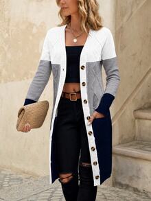 EMERY ROSE Color Block Dual Pocket Button Front Cardigan,Long Sleeve Tops Fall Winter Cloth For Women - Multicolor - View 3