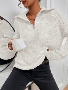 Calvaya Ribbed Knit Half Zipper Drop Shoulder Knit Pullover Fall Winter Sweater - White - View 8