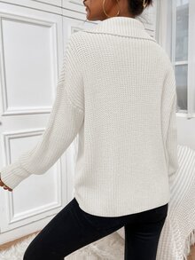 Calvaya Ribbed Knit Half Zipper Drop Shoulder Knit Pullover Fall Winter Sweater - White - View 2