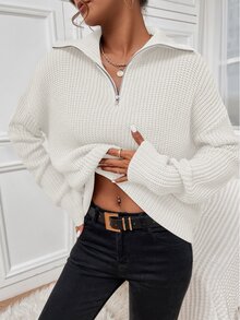 Calvaya Ribbed Knit Half Zipper Drop Shoulder Knit Pullover Fall Winter Sweater - White - View 4