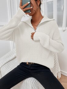 Calvaya Ribbed Knit Half Zipper Drop Shoulder Knit Pullover Fall Winter Sweater - White - View 7