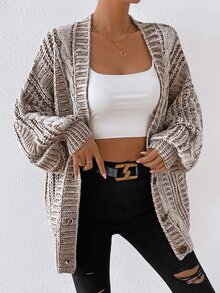 Calvaya Women's Oversized Light Brown Cardigan,Space Dye Cable Knit Lantern Sleeve Deep V Neck Loose Button Front Tops,Everyday Casual Autumn Late Fall Wear - Multicolor - View 5