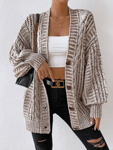 Calvaya Women's Oversized Light Brown Cardigan,Space Dye Cable Knit Lantern Sleeve Deep V Neck Loose Button Front Tops,Everyday Casual Autumn Late Fall Wear - Multicolor - View 6