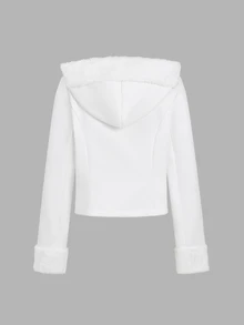 Sweetra Women's Autumn/Winter Wool Blend Patchwork Plush Long Sleeve Coat - White - View 2