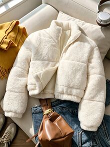 SHEIN 青少年女孩時尚休閒工裝寬鬆短款連帽填充外套，保暖內裡，寬鬆版型，舒適，適合秋冬，白色 - 米色 - 查看 8