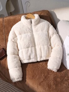 SHEIN 青少年女孩時尚休閒工裝寬鬆短款連帽填充外套，保暖內裡，寬鬆版型，舒適，適合秋冬，白色 - 米色 - 查看 3