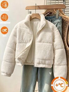 SHEIN 青少年女孩時尚休閒工裝寬鬆短款連帽填充外套，保暖內裡，寬鬆版型，舒適，適合秋冬，白色 - 米色 - 查看 1