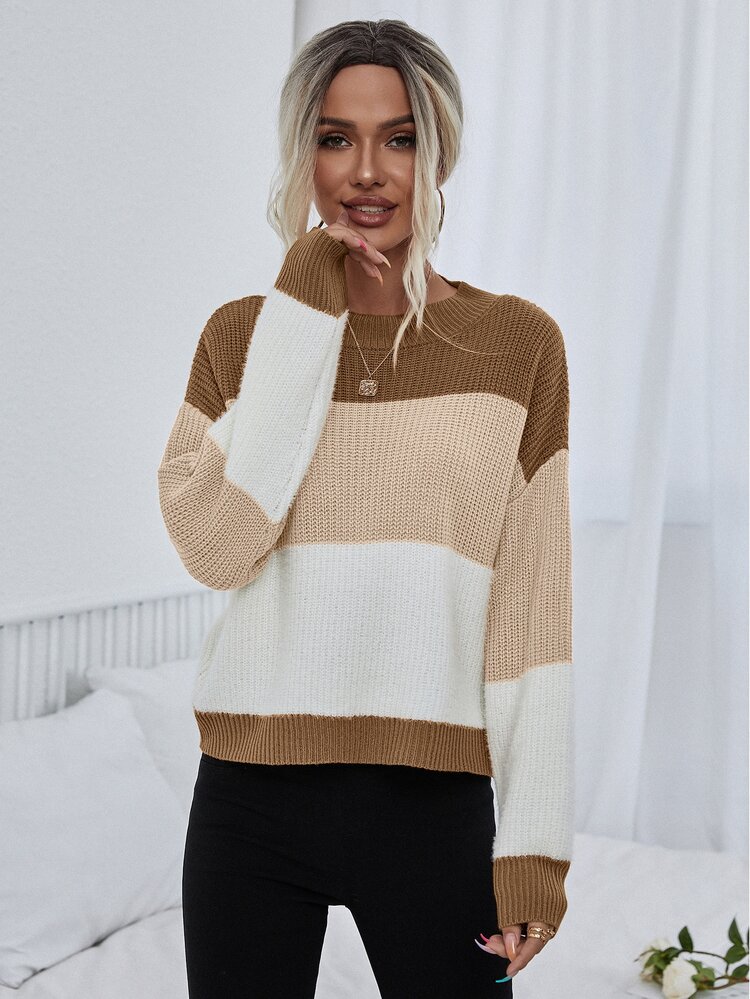 Calvaya Color Block Drop Shoulder Sweater,Ladies Spring/Fall Casual Long Sleeve Regular Fit Multicolor Sweaters,Long Sleeve Tops Knit Pullover Fall Winter - Multicolor - View 9