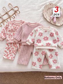 SHEIN Playful Pals 女嬰 3 件組冬季印花毛絨甜美粉色花卉仿羊羔絨慢跑運動長褲 - 粉色 - 查看 1