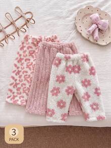 SHEIN Playful Pals 女嬰 3 件組冬季印花毛絨甜美粉色花卉仿羊羔絨慢跑運動長褲 - 粉色 - 查看 10