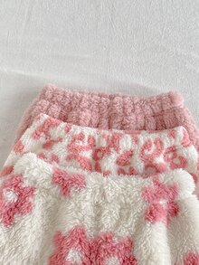 SHEIN Playful Pals 女嬰 3 件組冬季印花毛絨甜美粉色花卉仿羊羔絨慢跑運動長褲 - 粉色 - 查看 6