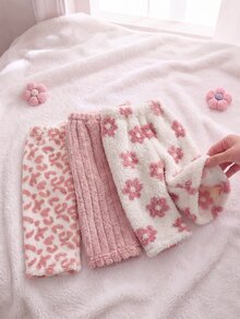 SHEIN Playful Pals 女嬰 3 件組冬季印花毛絨甜美粉色花卉仿羊羔絨慢跑運動長褲 - 粉色 - 查看 3