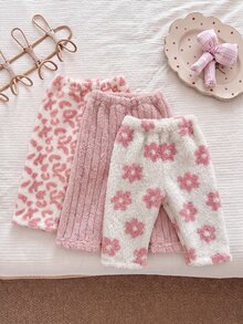 SHEIN Playful Pals 女嬰 3 件組冬季印花毛絨甜美粉色花卉仿羊羔絨慢跑運動長褲 - 粉色 - 查看 2