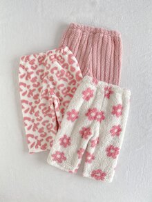 SHEIN Playful Pals 女嬰 3 件組冬季印花毛絨甜美粉色花卉仿羊羔絨慢跑運動長褲 - 粉色 - 查看 5