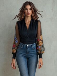 Calvaya Floral Embroidered Lantern Sleeves Top Fall Cloth For Women - Black - View 3